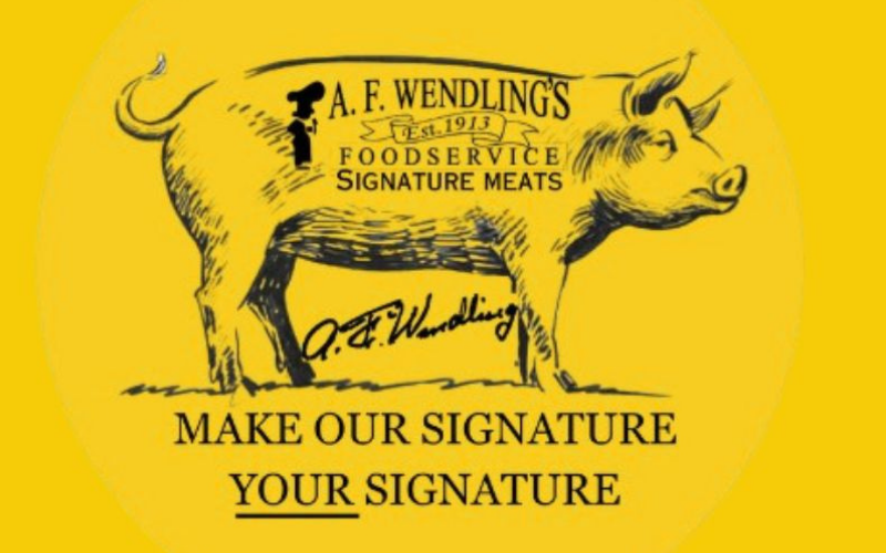A.F. Wendling’s Signature Meats pig logo on bright yellow background.