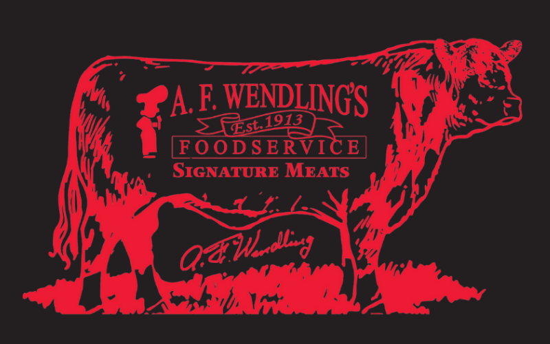 A. F. Wendling’s Foodservice logo featuring red cow silhouette and vintage meat branding design.