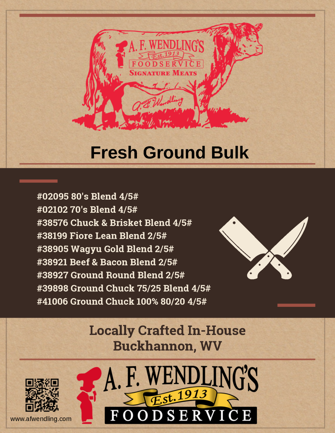 A.F. Wendling's fresh ground bulk beef blends menu featuring 80/20, 70/30, chuck, wagyu, and ground round options for foodservice wholesale distributi