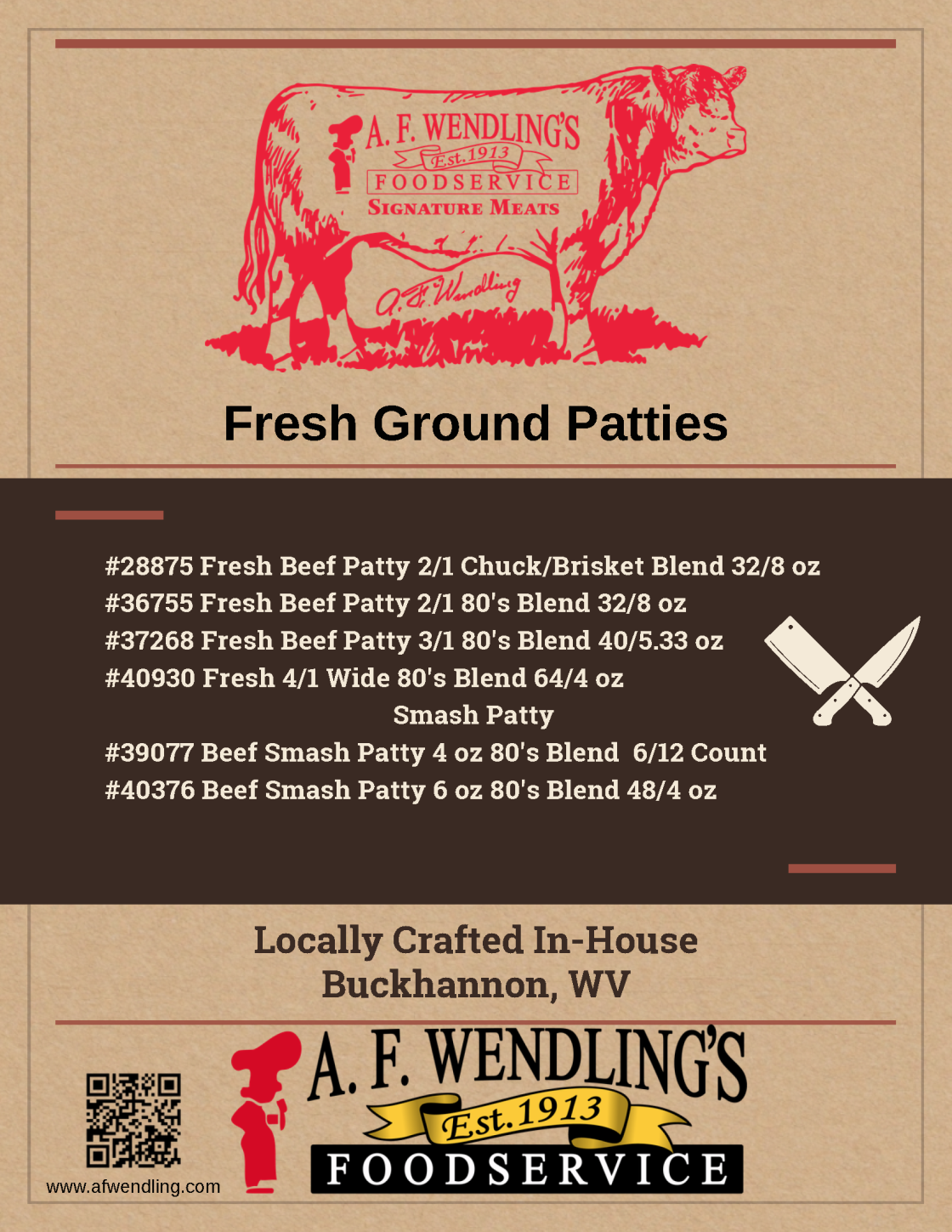 A.F. Wendling's wholesale fresh ground beef patties and smash patties product lineup for foodservice distributors and food suppliers in bulk.