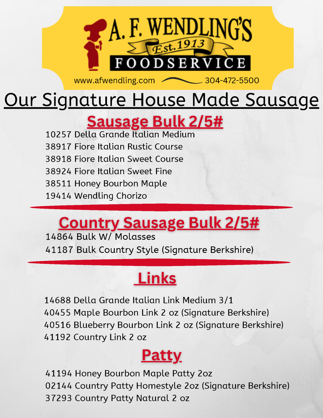 A.F. Wendling's wholesale sausage product catalog featuring Italian, country, and specialty sausage bulk offerings, links, and patties for foodservice