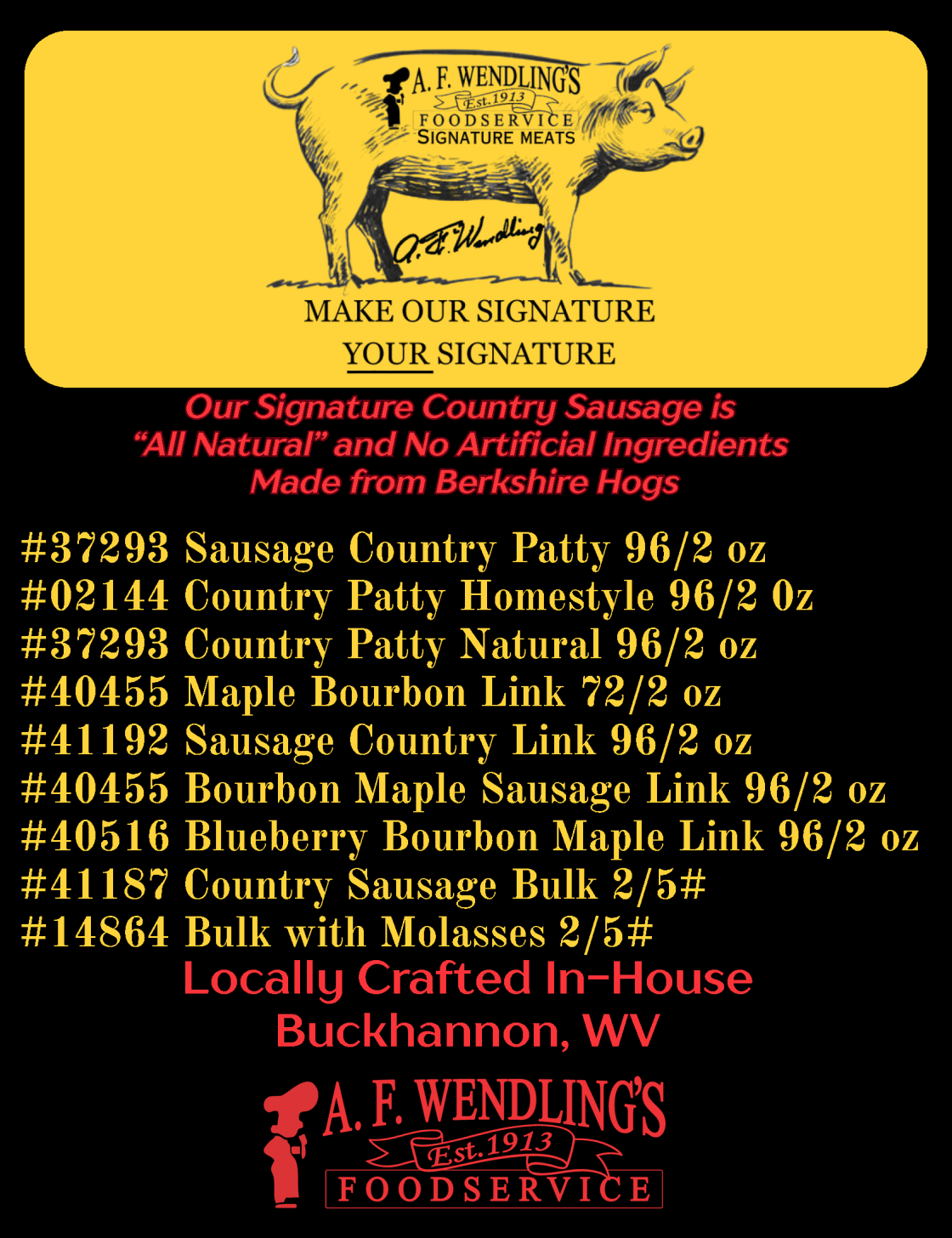 A.F. Wendling's foodservice catalog showcasing all-natural country sausage patties, links, and bulk pork products made from Berkshire hogs in Buckhann