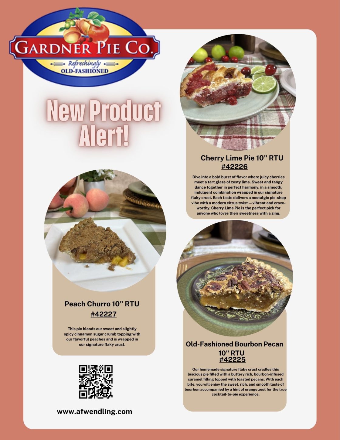 Gardner Pie Co. new wholesale pie products: Cherry Lime, Peach Churro, and Old-Fashioned Bourbon Pecan pies for foodservice distribution.