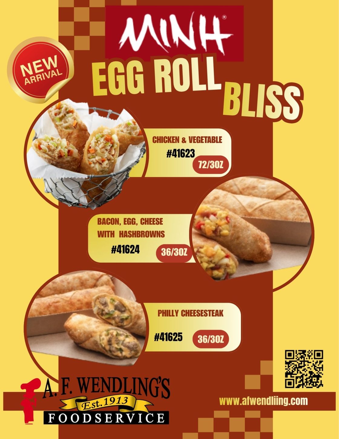 Minh Egg Roll Bliss frozen egg rolls trio featuring chicken & vegetable, bacon egg cheese with hashbrowns, and philly cheesesteak varieties for foodse