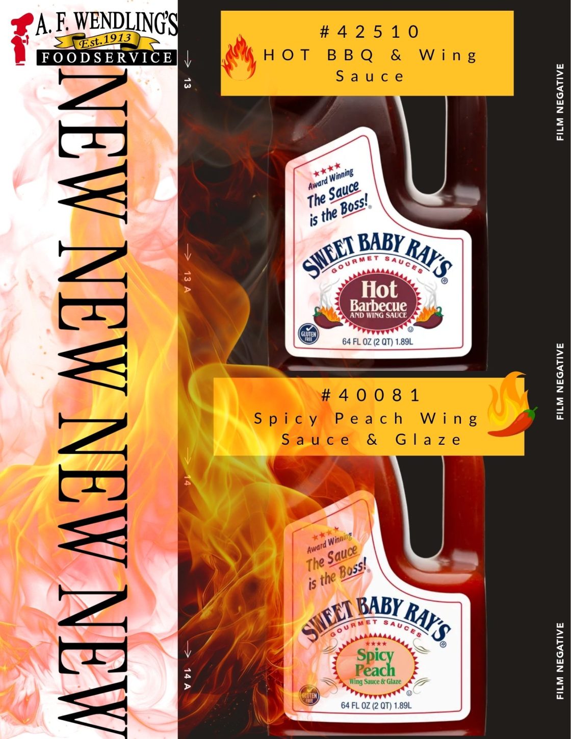 Sweet Baby Ray's Hot Barbecue and Spicy Peach Wing Sauce bottles for foodservice wholesale distribution and commercial food suppliers.