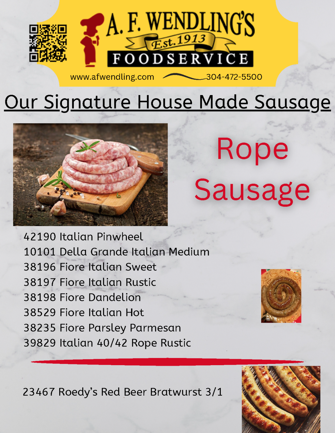 Product catalog featuring Wendling Foodservice rope sausages including Italian pinwheel, Fiore varieties, and Roedy's bratwurst for wholesale distribu